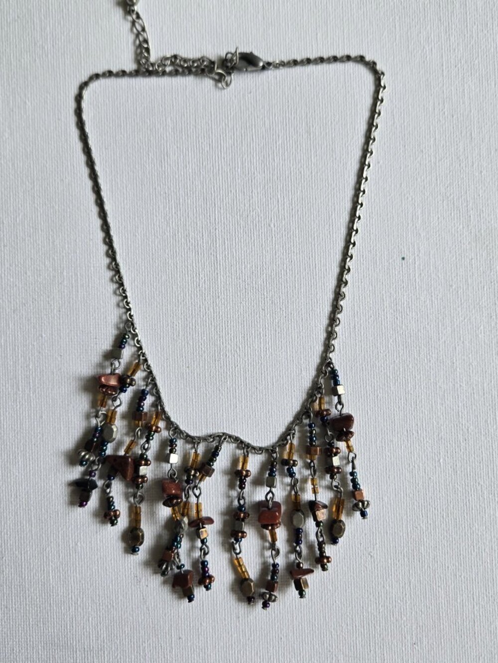 Boho Earth Tone Beaded Fringe Necklace Jasper Stone Chip Chain Fringe Choker